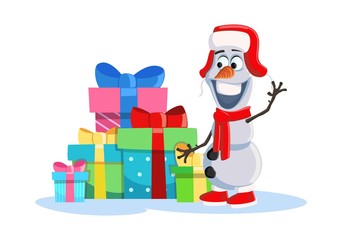 Funny Snowman Near a Pile of Gifts