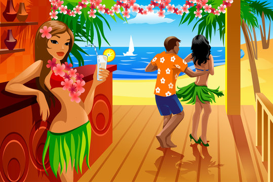 vector illustration of Hawaii bar and girl in traditional suit holding a cocktail