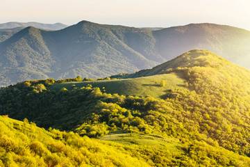 Obraz premium Green forest mountains with meadows in golden sunlight. Bright sunny natural landscape in Krasnodar krai, Russia