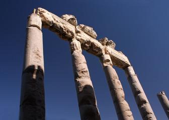 Roman ruins in Baalbek, Lebanon, against the blue sky