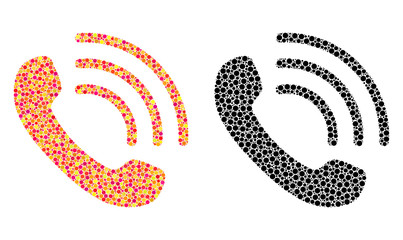 Dot phone call mosaic icons. Vector phone call icons in multi-colored and black versions. Collages of irregular circle dots. Vector concepts of phone call icons done of random small spheres.