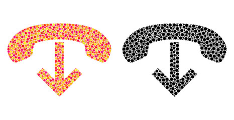 Dotted phone hang up mosaic icons. Vector phone hang up pictograms in multi-colored and black versions. Collages of random round dots.