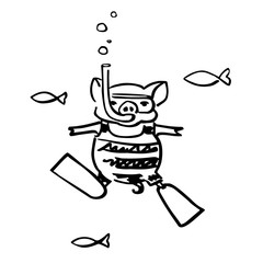 funny pig with an underwater mask and an air snorkel tube