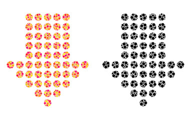 Dotted arrow down mosaic icons. Vector dotted arrow down icons in colorful and black versions. Collages of randomized round elements.