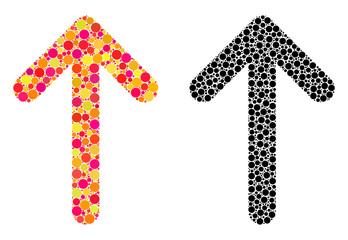 Pixel arrow up mosaic icons. Vector arrow up icons in colorful and black versions. Collages of arbitrary circle spots. Vector collages of arrow up icons created with irregular dots.