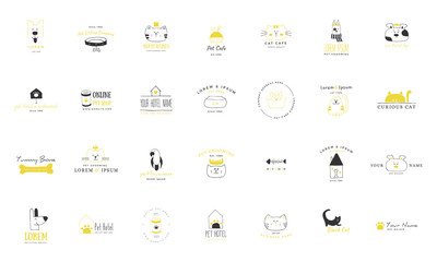 Set of vector hand drawn icons, domestic animals. Logo templates for pets related business.
