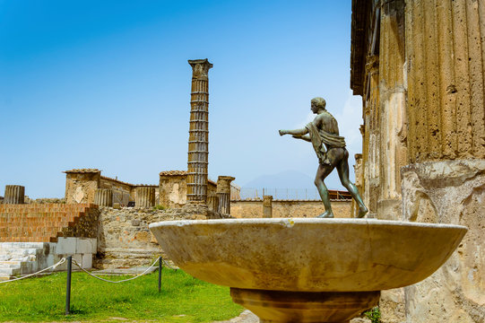 Pompeii Ruins: Temple Of Apollo With Bronze Apollo Statue