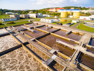Aerial view to sewage treatment plant. Grey water recycling. Waste management in European Union.