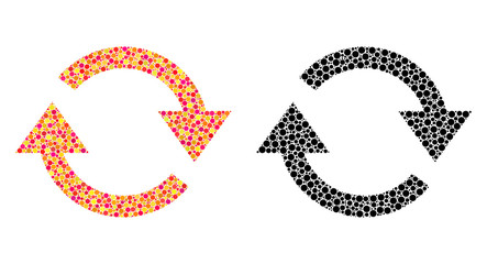 Pixel refresh mosaic icons. Vector refresh icons in multi-colored and black versions. Collages of variable circle dots. Vector collages of refresh icons combined of irregular circle elements.
