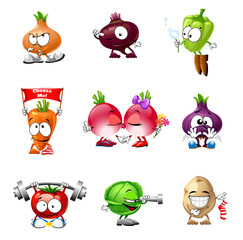 Obraz premium vector set of icons of smiley vegetables for web with different emotions and performing different actions
