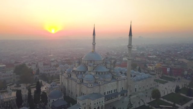 fatih mosque flying backwards at sundown