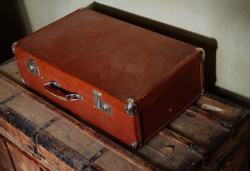 vintage suitcase on a wooden background