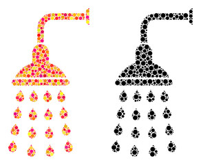 Pixel shower mosaic icons. Vector shower icons in colorful and black versions. Collages of different round elements. Vector collages of shower images created of casual round pixels.