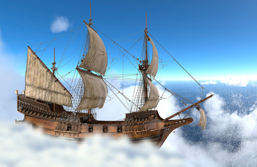 Sailboat flying above the clouds 3d illustration