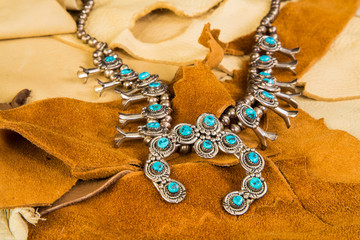 Native American Turquoise and Silver Squash Blossom and Leather Scraps