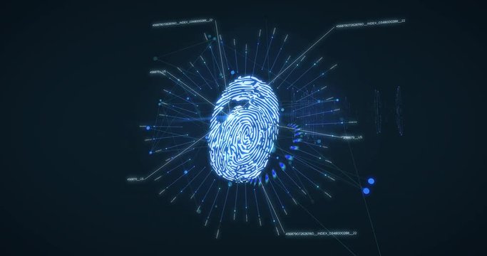 Fingerprint scan animation, on a glowing blue background.