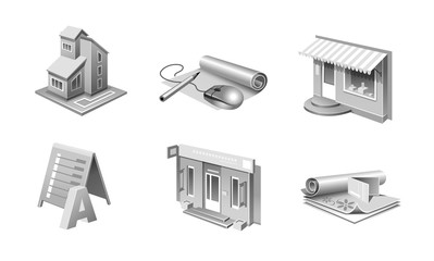 vector set of black-white images of architectural forms in grey design drawings