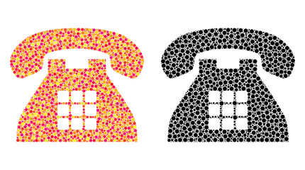 Pixel tone phone mosaic icons. Vector tone phone icons in bright and black versions. Collages of casual spheric dots. Vector collages of tone phone icons done with irregular spots.