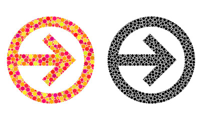 Pixel direction right mosaic icons. Vector direction right icons in bright and black versions. Collages of randomized round spots.