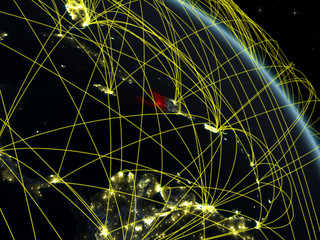 Haiti from space on model of planet Earth at night with network. Concept of digital technology, connectivity and travel.