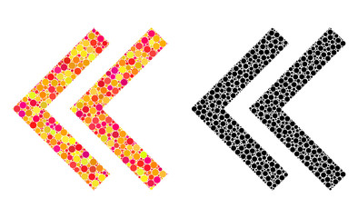 Dotted shift left mosaic icons. Vector shift left icons in bright and black versions. Collages of arbitrary round elements. Vector collages of shift left icons constructed of irregular round pixels.