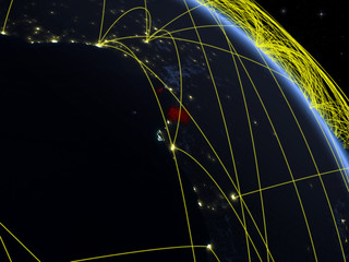Equatorial Guinea from space on model of planet Earth at night with network. Concept of digital technology, connectivity and travel.