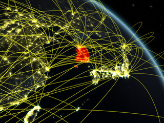 South Korea from space on model of planet Earth at night with network. Concept of digital technology, connectivity and travel.