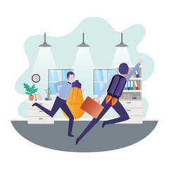 businessmen with rocket and light bulb in living room