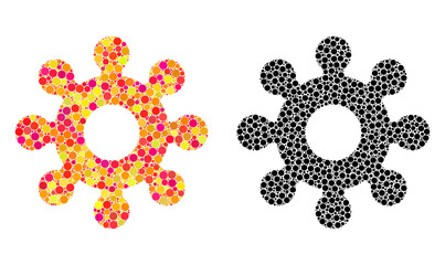 Dotted mechanics gear mosaic icons. Vector mechanics gear icons in multi-colored and black versions. Collages of casual spheric elements.