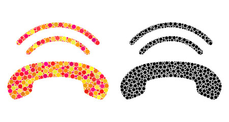 Dot phone ring mosaic icons. Vector phone ring icons in bright and black versions. Collages of randomized round dots. Vector collages of phone ring images constructed with randomized dots.