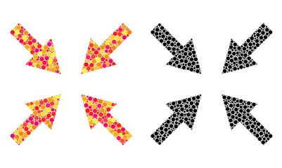 Dotted compress arrows mosaic icons. Vector compress arrows icons in colorful and black versions. Collages of different circle elements.