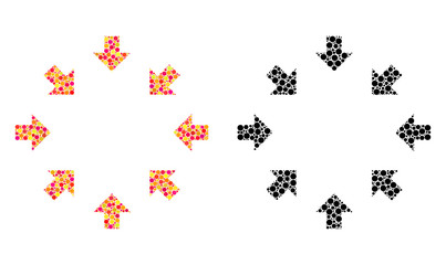 Dotted compact arrows mosaic icons. Vector compact arrows icons in bright and black versions. Collages of randomized spheric dots. Vector collages of compact arrows icons created of random dots.