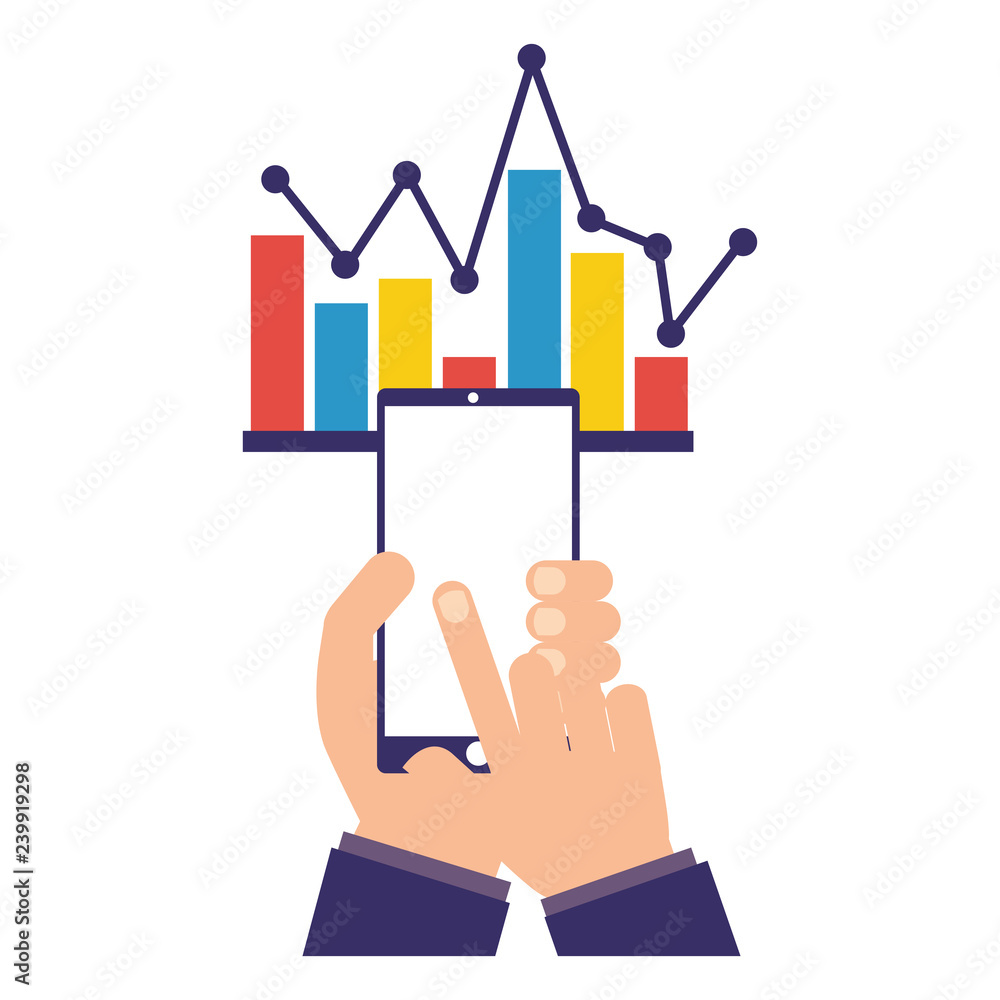 Poster hands with mobile statistics chart report