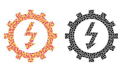 Dotted electric energy cog wheel mosaic icons. Vector electric energy cog wheel icons in colorful and black versions. Collages of different spheric dots.