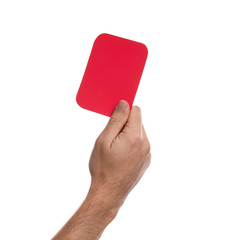 Man holding red card on white background, closeup of hand