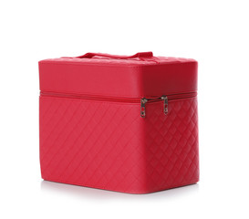 Stylish case for makeup products on white background