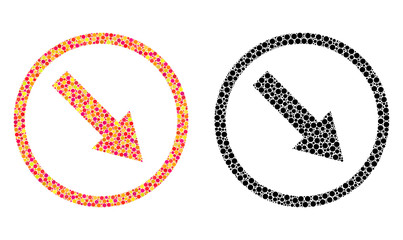 Pixel down-right rounded arrow mosaic icons. Vector down-right rounded arrow pictograms in colorful and black versions. Collages of variable round elements.