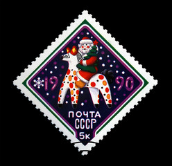 russian Santa Claus aka Father Frost with pine-tree on folktale horse for New Year, circa 1989....