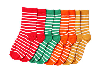 Cute child socks on white background, top view