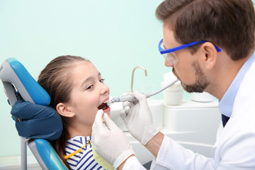 Professional dentist working with little patient in modern clinic