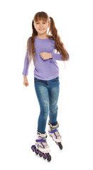 Little girl with inline roller skates on white background