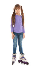 Full length portrait of girl with inline roller skates on white background