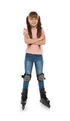 Full length portrait of girl with inline roller skates on white background