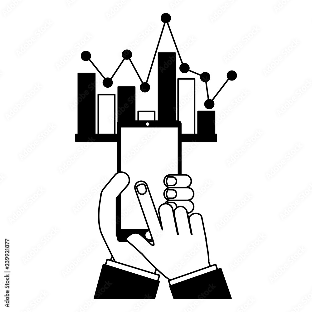 Poster hands with mobile statistics chart report