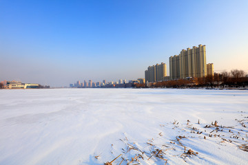 Urban buildings in the snow, China