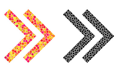 Pixel shift right mosaic icons. Vector shift right icons in multi-colored and black versions. Collages of random spheric spots.