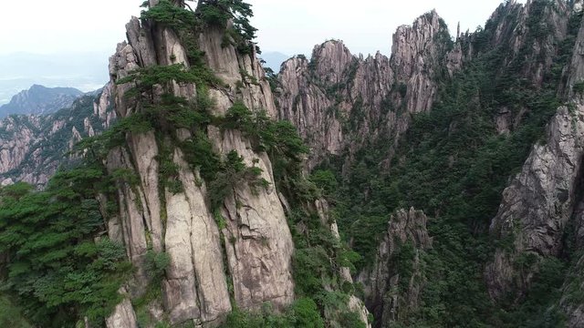 Aerial view of rugged mountain landscape of Huangshan national park in China