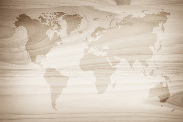 World map vintage pattern for background in color tone/ Wood plank brown texture background. Wood all antique cracking furniture painted weathered white vintage peeling wallpaper.