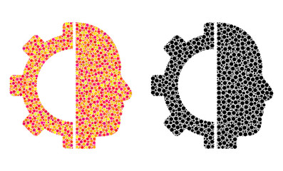 Pixel cyborg gear mosaic icons. Vector cyborg gear icons in bright and black versions. Collages of arbitrary round spots. Vector collages of cyborg gear images made of different dots.