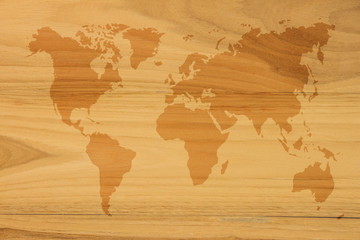 Fototapeta na wymiar World map vintage pattern for background in color tone/ Wood plank brown texture background. Wood all antique cracking furniture painted weathered white vintage peeling wallpaper.